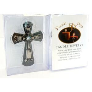 Western Pillar Candle Jewelry Cross Pin 3" Starburst Rhinestone Studded Silver